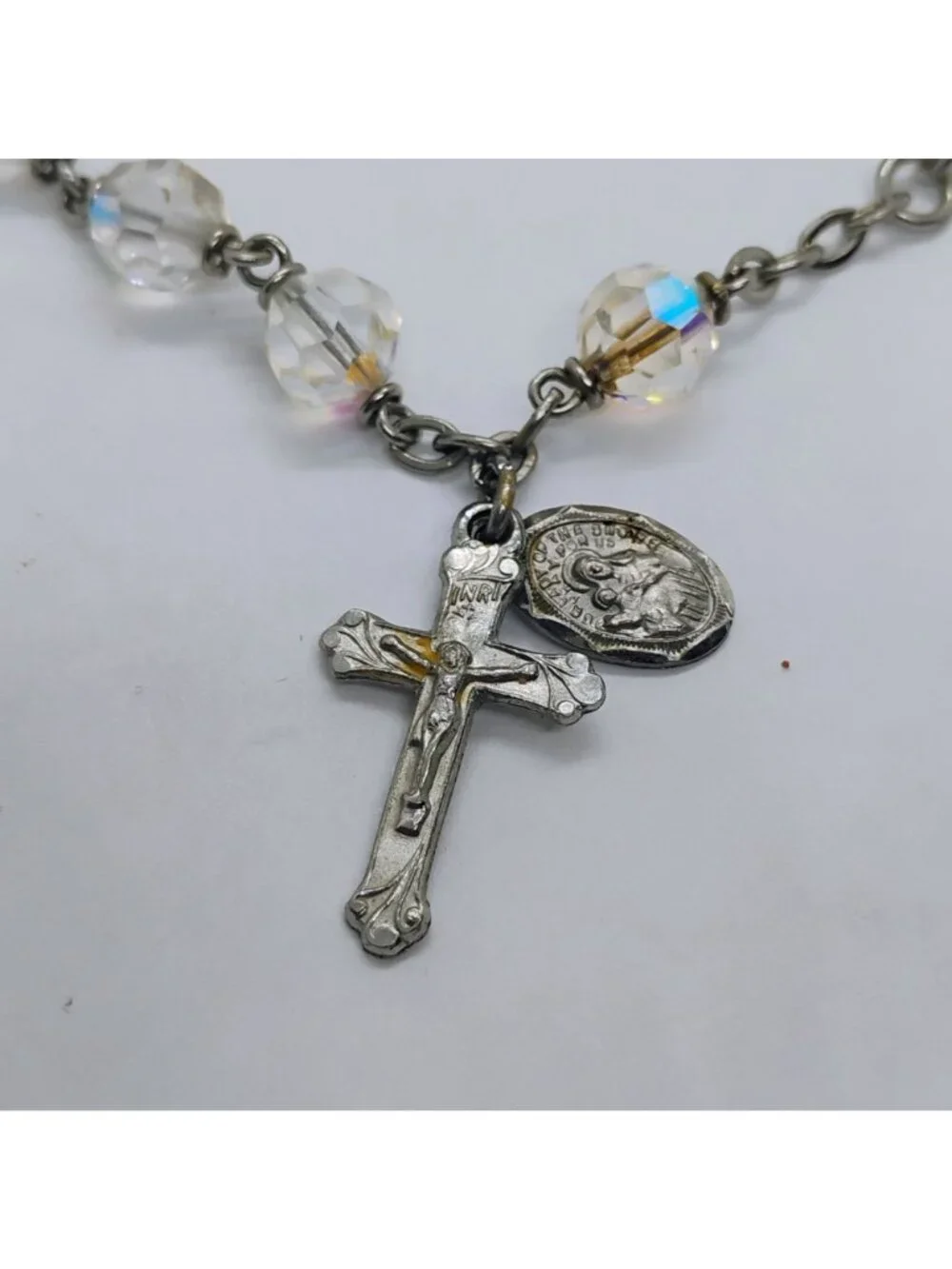 Vtg "Chapel" Sterling Crucifix AB Rhinestone Bracelet Our Lady of Snows Charm - Picture 3 of 7